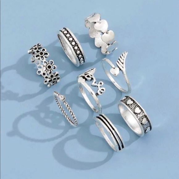 JWR9) New! 8pc Antique Silver Boho Hearts Words flowers Set if 8 Rings - Picture 2 of 5